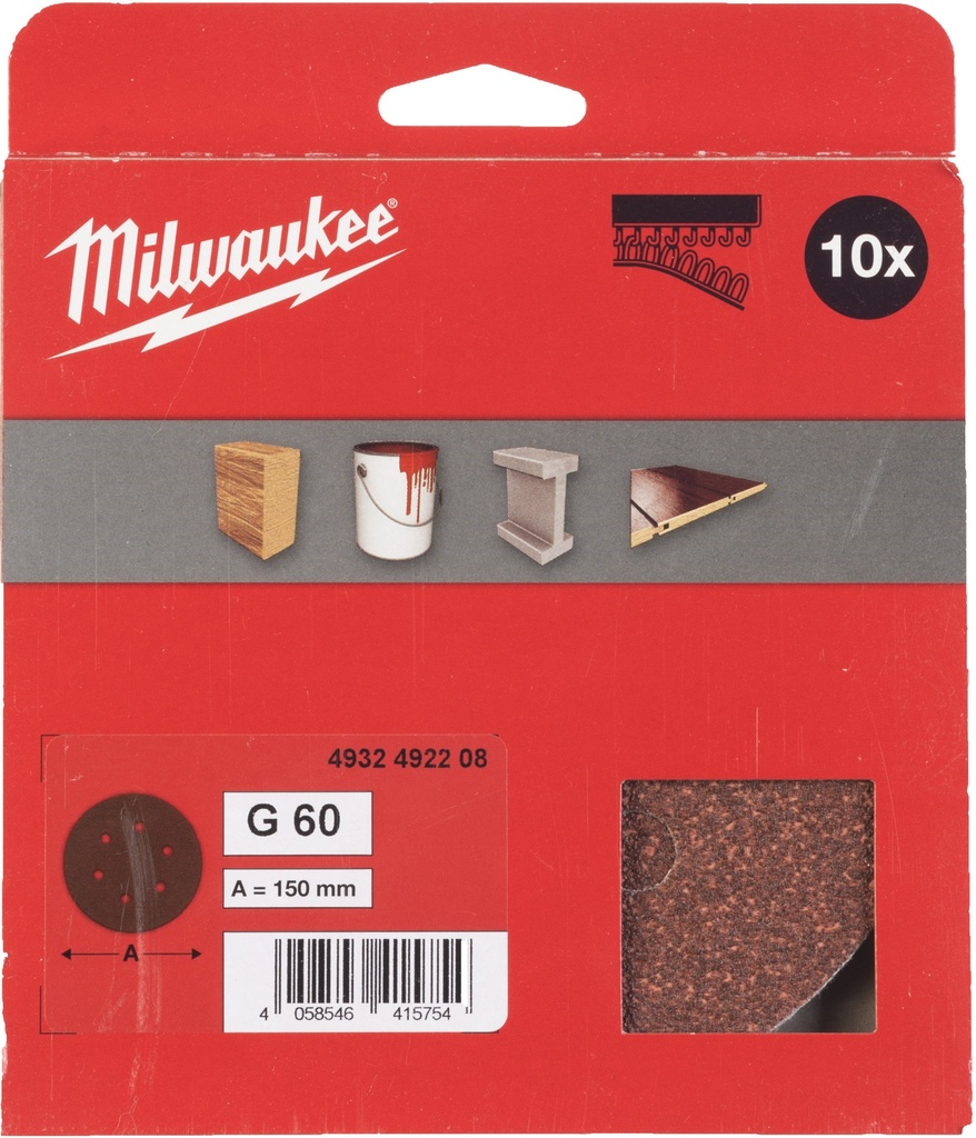 MILWAUKEE 150/6 HL SCHUURPAPIER VOOR VLAKSCHUURMACHINES 150mm KORREL 60 (10) Stuks. 4932492208