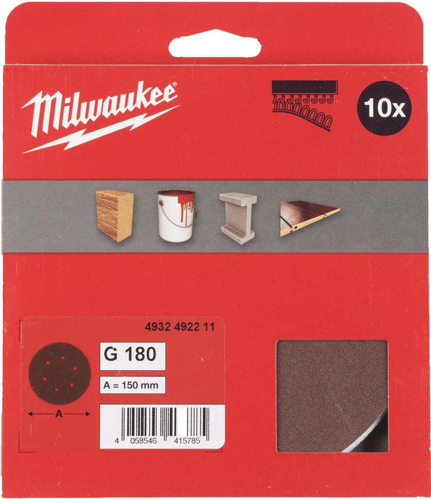 MILWAUKEE 150/6 HL SCHUURSCHIJF VOOR VLAKSCHUURMACHINES 150mm KORREL 180 (10) Stuks. 4932492211