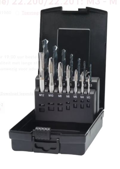SET OF HSS-E MACHINE TAPS M3 to M12 29.260.1980 + DRILLS 11.450