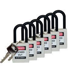 PACK of 6 WHITE SAFETY PADLOCKS WITH PLASTIC SHADE