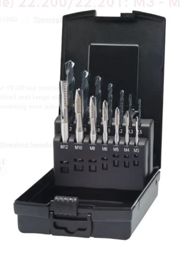 [128066450] SET OF HSS-E MACHINE TAPS M3 to M12 29.260.1980 + DRILLS 11.450