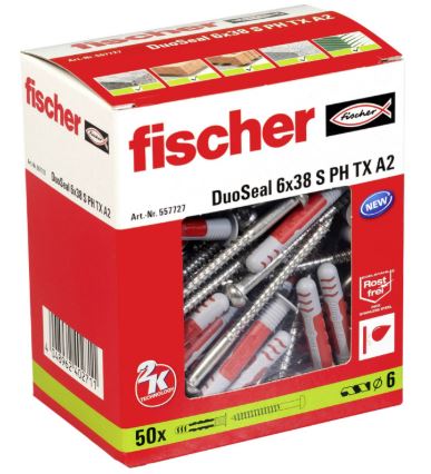 [085000025] DS of 50 pcs FISCHER DUO-SEAL 6x38mm PLUG INCL. STAINLESS STEEL SCREW (DAMP AREAS)