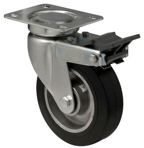 [068001495] SWIVEL WHEEL+BRAKE D=125mm JSAB 1252.6150/B ALUMINUM RIM + BLACK RUBBER TIRE