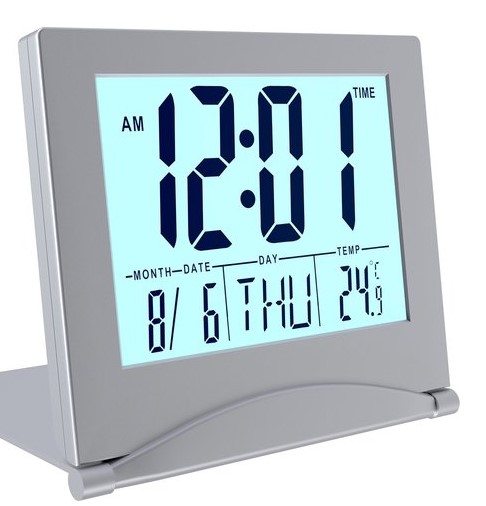 [978000350] DIGITAL LCD CLOCK / TRAVEL ALARM CLOCK FOLDABLE SILVER INCL. BATTERIES