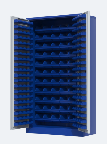 [974000205] WERKPLAATSKAST GMP.401.1 H2000xB1000xD450mm DEUREN RAL 7035/KAST RAL 5010 M/CIL.SLOT INCL 226 BAKKEN