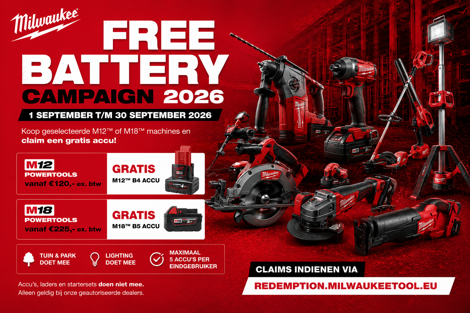 Bekijk de Milwaukee Free Battery Campaign 2026 Milwaukee Free Battery Campaign 2026 – gratis accu bij geselecteerde M12 en M18 machines