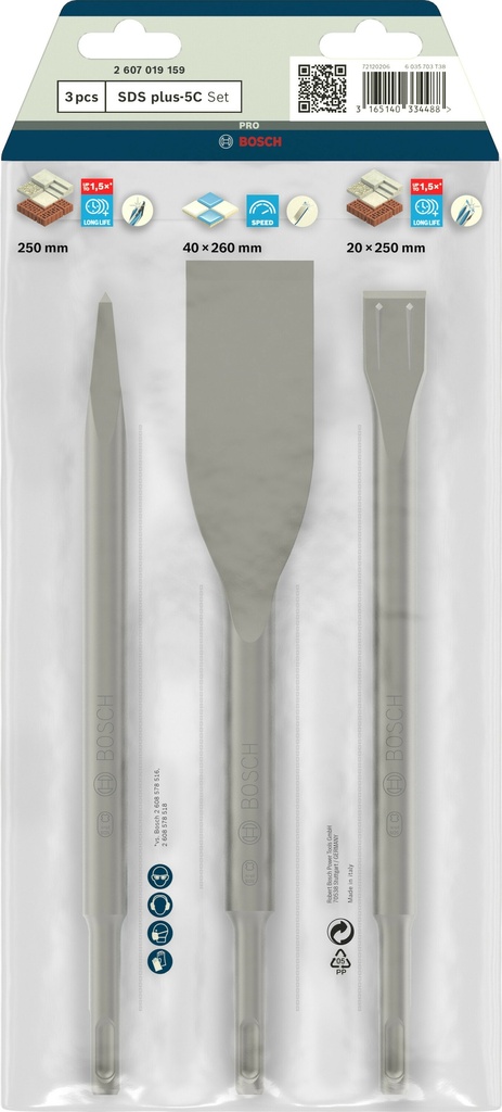 BOSCH PRO SDS PLUS-5C BEITELSET 3-Delig PUNT-TEGEL-PLAT 2607019159