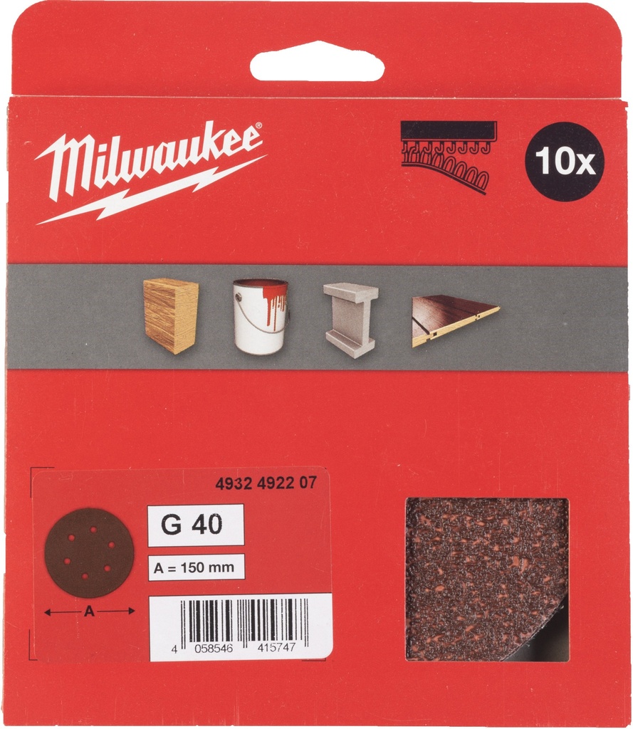 MILWAUKEE 150/6 HL SCHUURPAPIER VOOR VLAKSCHUURMACHINES 150mm KORREL 40 (10) Stuks. 4932492207