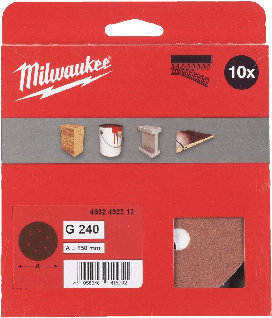 MILWAUKEE 150/6 HL SCHUURSCHIJF VOOR VLAKSCHUURMACHINES 150mm KORREL 240 (10) Stuks. 4932492212