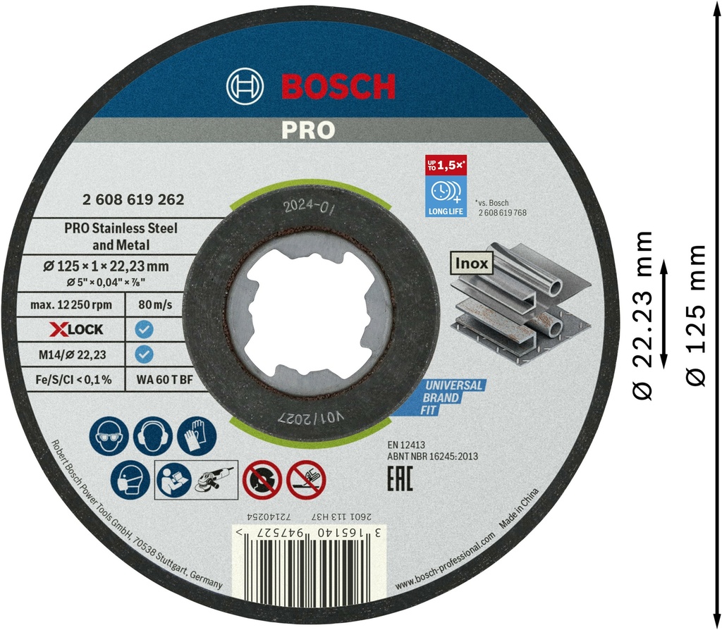 BOSCH PRO INOX/STEEL X-LOCK DOORSLIJPSCHIJF 125x1x22,23mm 2608619262