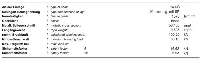 LIFTKABEL 11MM SPECIFICATIES
