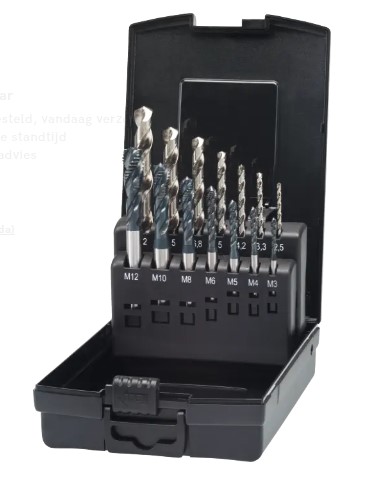 HSS-E THREAD CUTTING SET M3 to M12 + STAINLESS STEEL DRILLS 29.260.3450 FOR BLIND HOLES