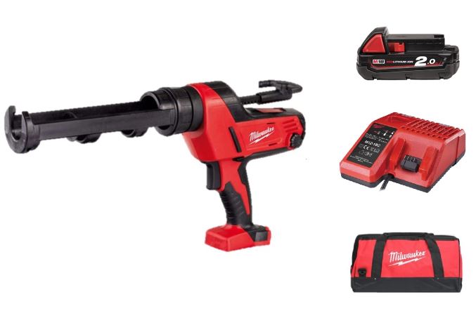 SEAL & GLUE GUN. 400ml M18 PCG/400T-201B 1X 2.0Ah BATTERY + CHARGER M12-18C + CARRYING BAG