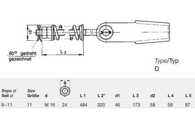 ELEVATOR CABLE SUSPENSION SET D cable 9-11mm CPL WITH EYE BOLT M16x320 + SPRING PACKAGE ZSSSA11D