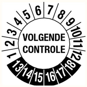 VEL a 9 KEURINGSTICKERS WIT 30mm "VOLGENDE CONTROLE : " 2021-2026