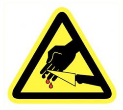 STICKER DRIEKANT 90mm "SNIJDEN MESSEN" (MIQ : 10 st)