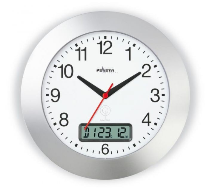 RADIOWANDKLOK 300mm ZILVER CIJFER + DATUMAANDUIDING