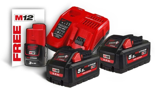 [260000280] MILWAUKEE BATTERY PACK M18 HNRG-552 PACK CHARGER M12-M18 + 2x M18 5Ah + 1x M12 2Ah