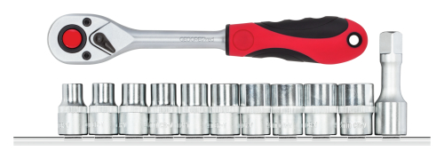 [306000110] GEDORE-RED DOPSLEUTELSET + RATEL 1/2" 6-KANT OP RAIL , 12-dlg. R69008012 - 3300030
