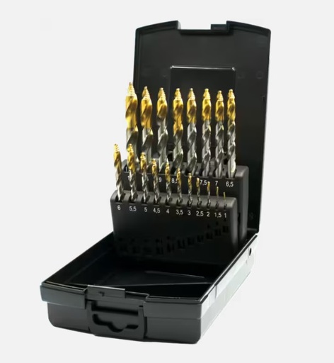 [128001785] INTERNATIONAL TOOLS ECO PRO HSS SET SPIRAALBOREN DIN 338 STEP-POINT TIN-TIP MET DRIEVLAKS SCHACHT 11.434 1-10mm 19.135.1000